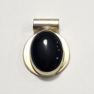 vintage sterling 925 silver handmade huge oval pendant with onyx inlay, stamped